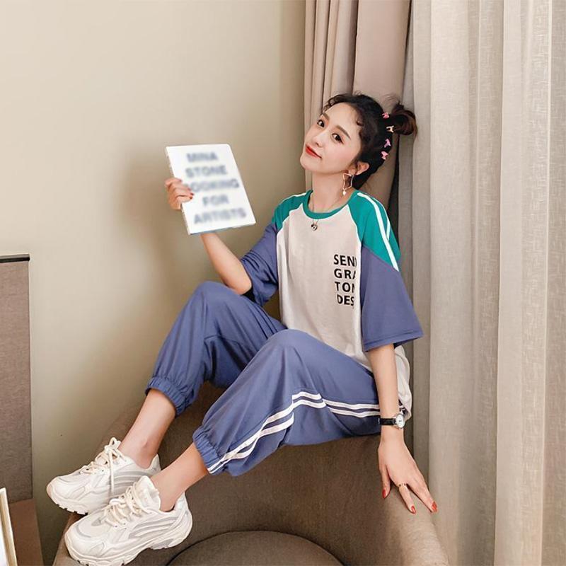 Sports Loose Casual Suit Women's Short-sleeved Trousers Summer Stitching Fashion Thin Sportswear Thin Two-piece Tide