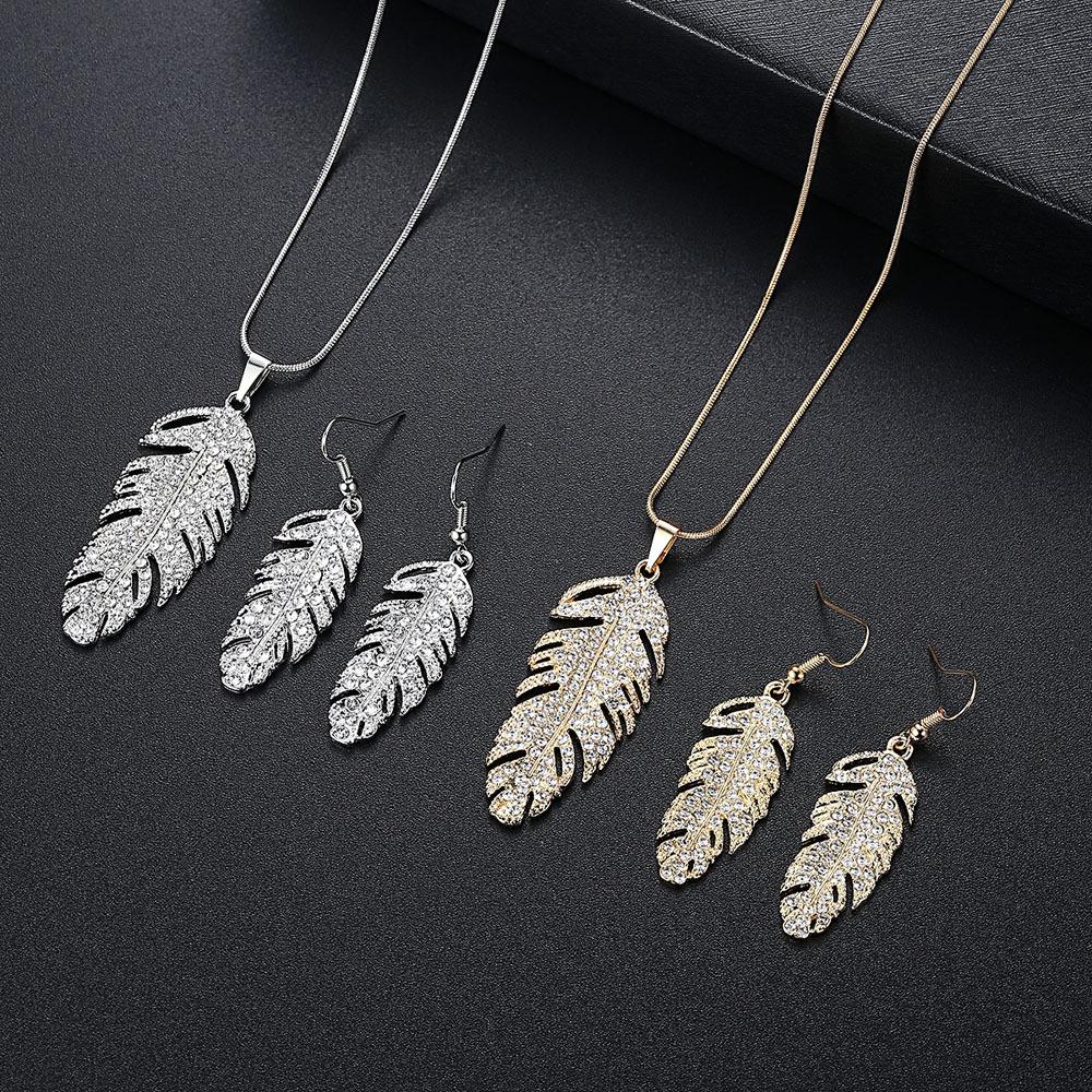 Feather of Love Bohemian Leaf Rhinestone Necklace Earring Set Feather Shaped Zircon Jewelry Set