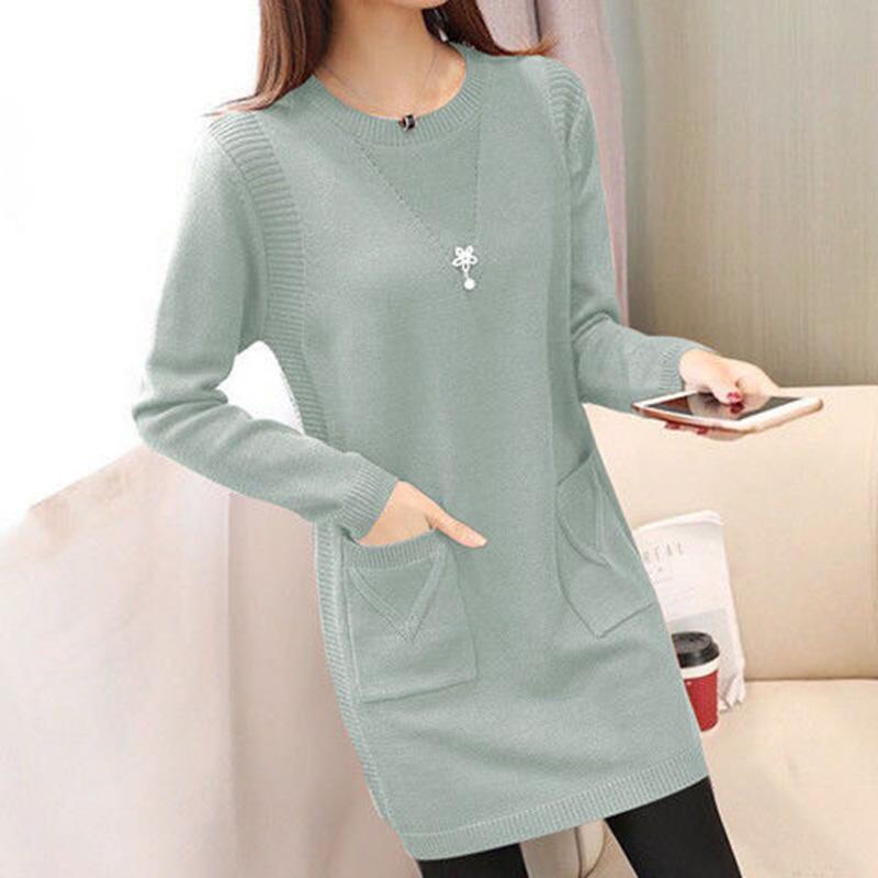 Lazy Style Slim-fit Sweater Women Loose Autumn and Winter Mid-length Knitted Bottoming Shirt Solid Color Round Neck Warm Sweater
