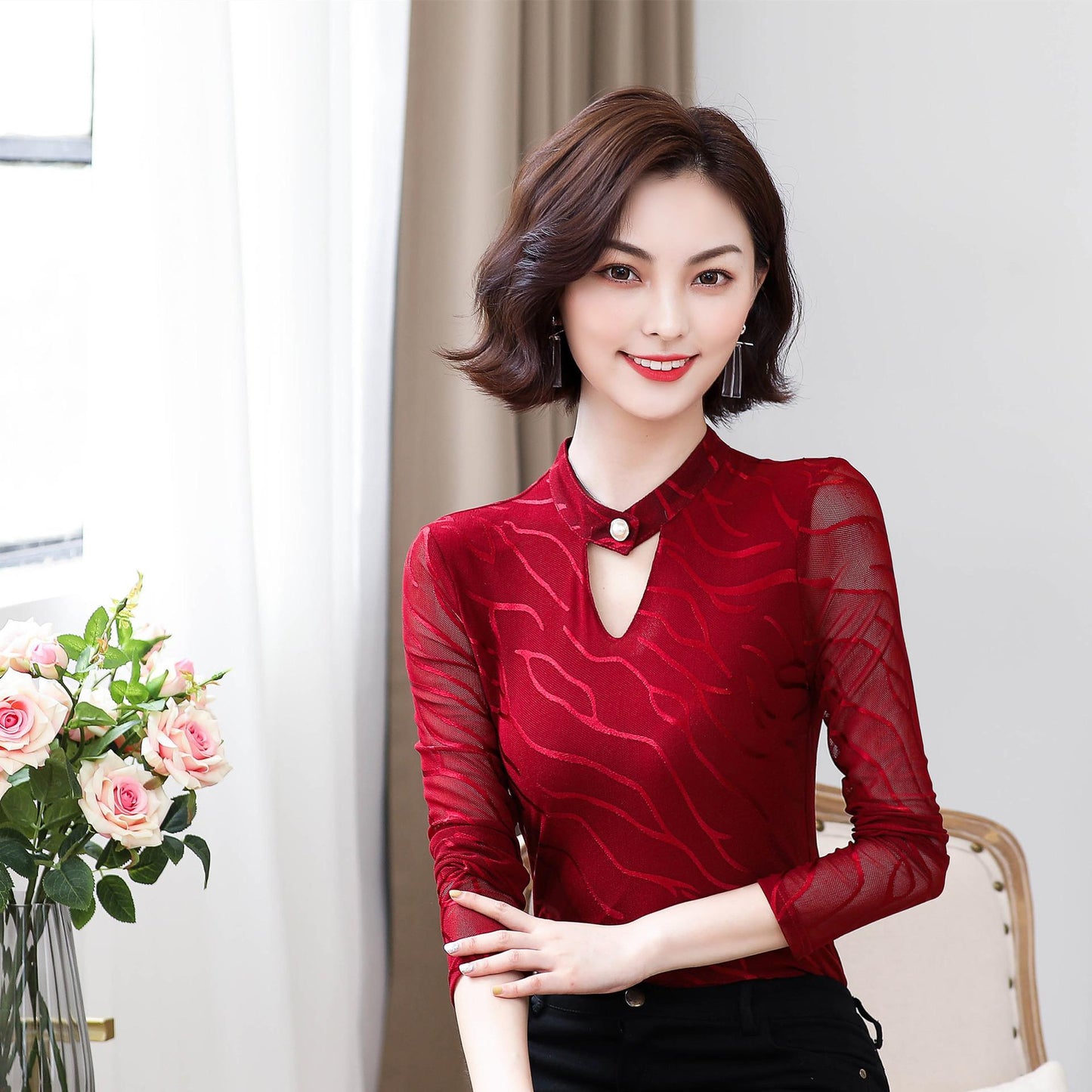 Spring and Autumn Bottoming Shirt V-Neck Mesh Top Casual Inside Long Sleeve Slim Fit T-Shirt Ladies Yarn