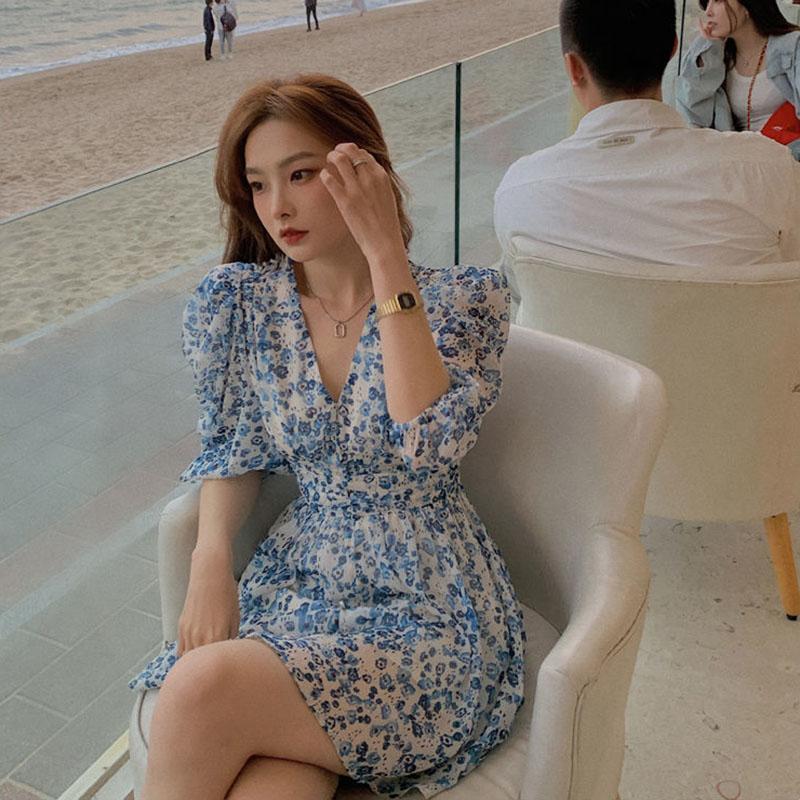 Spring Summer Waist Waist V-neck French Temperament Short Skirt Pleated Floral Chiffon Dress Women