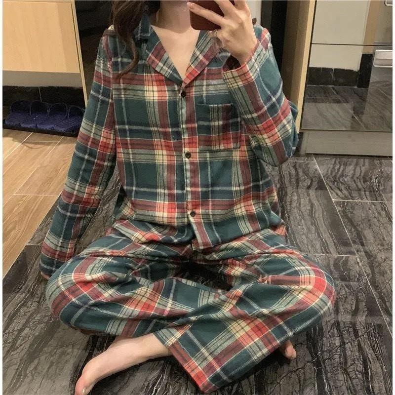 Women's Spring Autumn Simple Cotton Pajamas Long Sleeves Lapel Plaid Homewear Set Loose Comfortable Outwear Pajamas Female Sleeping Suit
