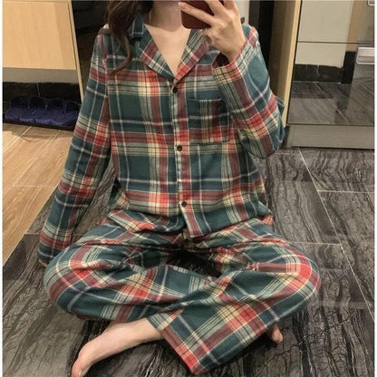Women's Spring Autumn Simple Cotton Pajamas Long Sleeves Lapel Plaid Homewear Set Loose Comfortable Outwear Pajamas Female Sleeping Suit