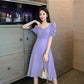 Female Simple Slim Puff Sleeve Dress Chiffon Shows Thin V-neck Soft Elegant Medium Length Party Dress