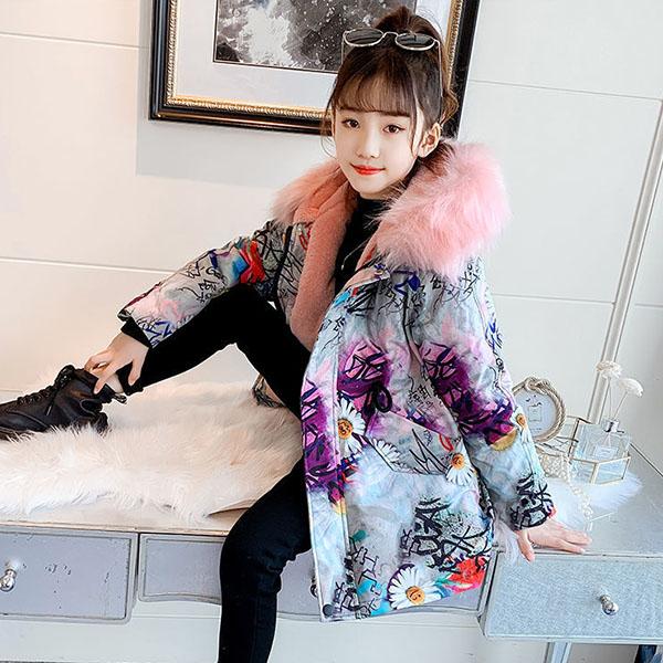 Kids Printed Fur Parkas for  Girls Winter Thick Warm Hooded Faux Fur Coat Unisex  Parka Jacket with Faux Fur Collar Outwear