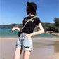 WTEMPO Women Loose  Solid Color Ripped Denim Shorts Spring and Summer Wide Leg A-line Thin Curled Bottom Casual Shorts