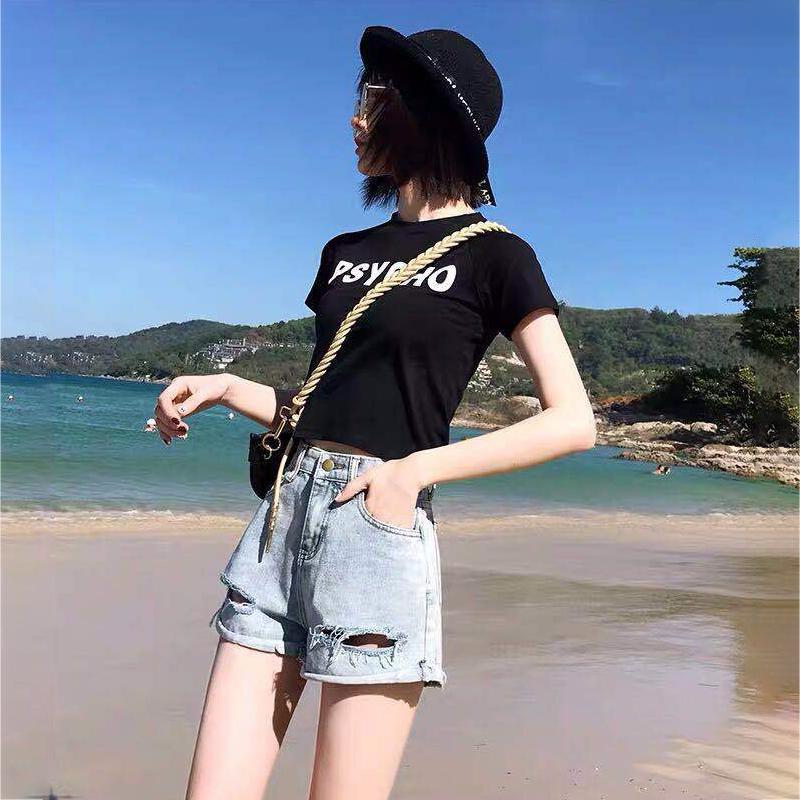 WTEMPO Women Loose  Solid Color Ripped Denim Shorts Spring and Summer Wide Leg A-line Thin Curled Bottom Casual Shorts