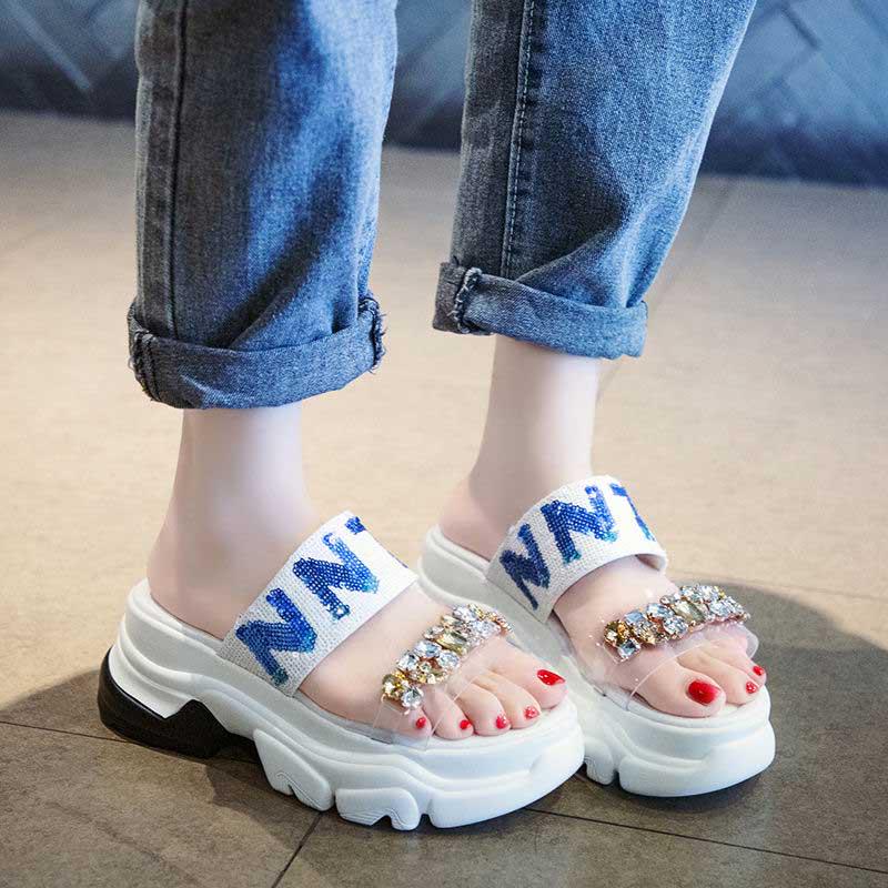 Size 35-39 Summer Women Shiny Slippers Bohemian Beach Wear-resistant Non-slip Slippers Wedge Platform Rhinestone Sandals Outdoor Crystal High Heels