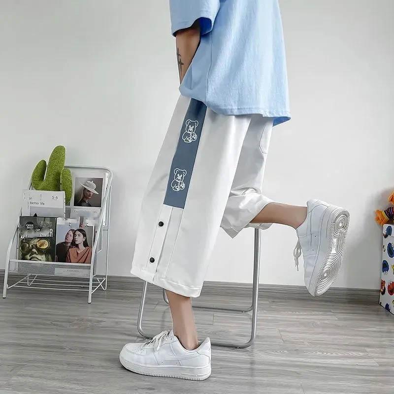 Men's Summer Side Button Design Breathable Thin Wide-leg Shorts Sports Outer Wear Loose Casual Cropped Pants