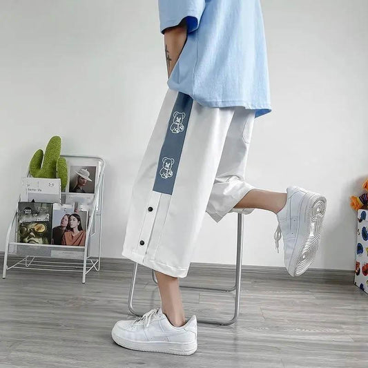 Men's Summer Side Button Design Breathable Thin Wide-leg Shorts Sports Outer Wear Loose Casual Cropped Pants