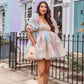 Sweet Women Tie Dye Princess Dresses Summer Multicolor A-line Puff Short Organza Ball Gown Dress