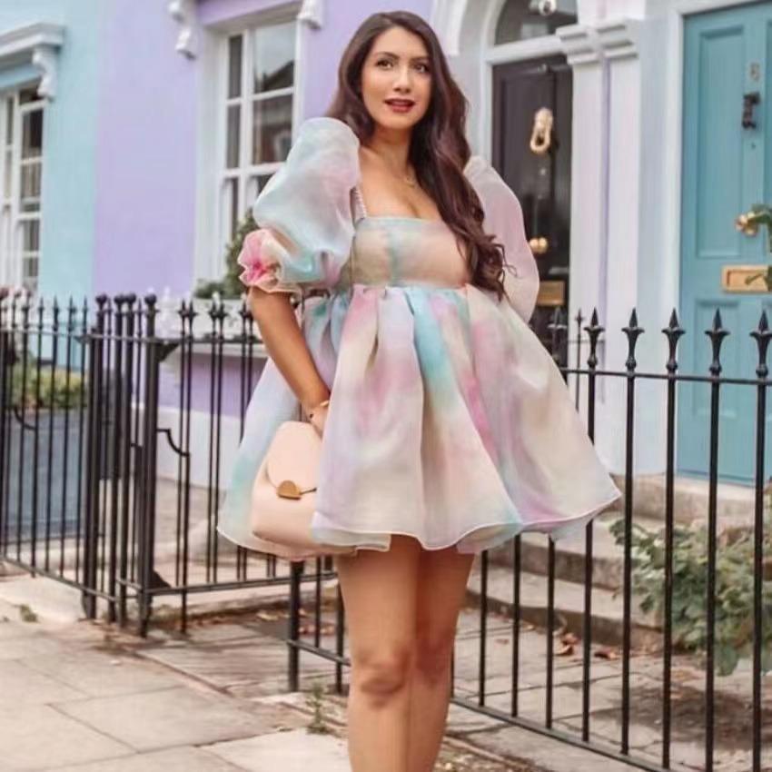 Sweet Women Tie Dye Princess Dresses Summer Multicolor A-line Puff Short Organza Ball Gown Dress