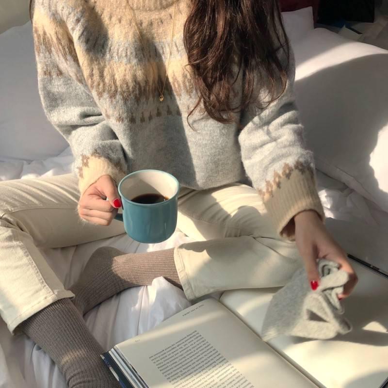 Retro Thick Diamond Weave Jacquard Knitted Loose Sweater Women Fall Winter Wearing