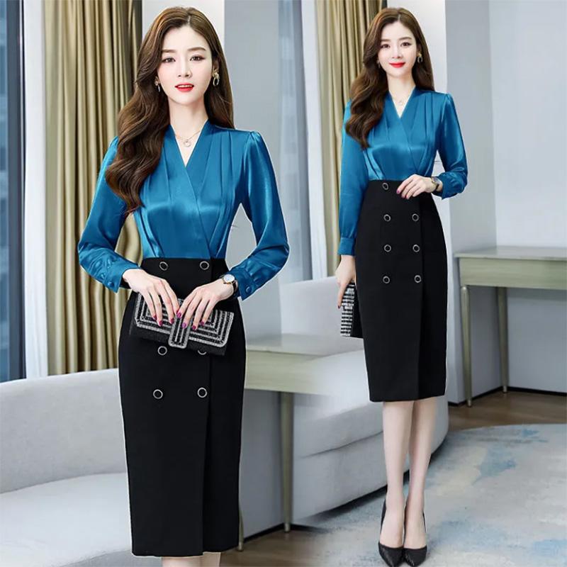 V-neck Dress Female Temperament Fake Two-piece Waist-reducing Age Thin Stitching Package Hip Skirt