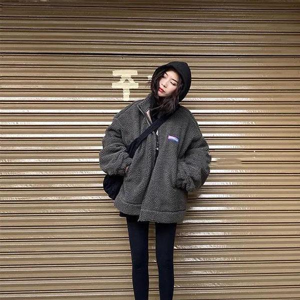 Winter Retro Japanese Loose Composite Plus Velvet Thick Gray Lamb Velvet Padded Jacket Cotton Woolen Coat