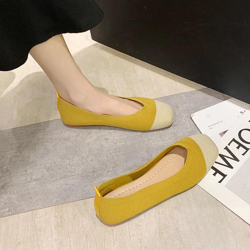 Knitted Flat Shoes Women's Spring Korean All-match Square Toe Peas Shoes Shallow Mouth Maternity Shoes Single Shoes Slip on Breathable Granny Shoes