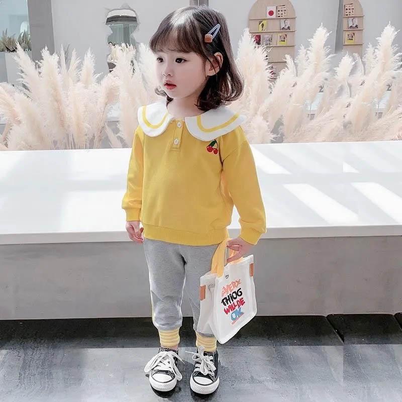 Spring and Autumn Children's Long-sleeved Two-piece Baby Girl Cute Lapel Pullover Cartoon Printing Sweater Sports Casual Pants Two Children's Suit