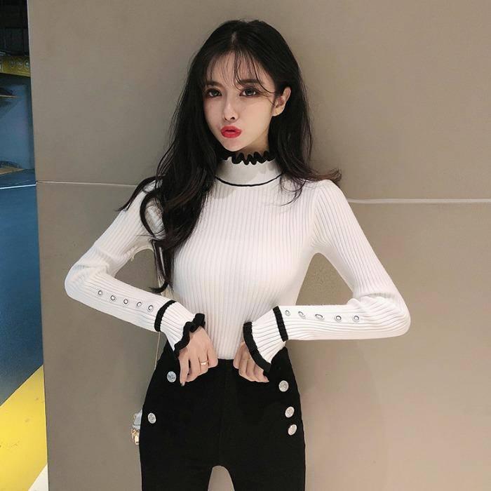 Pofulove Thick Sweater Slim Fit Shirt Spring Autumn Color Fungus Half High Neck Long Sleeve Women