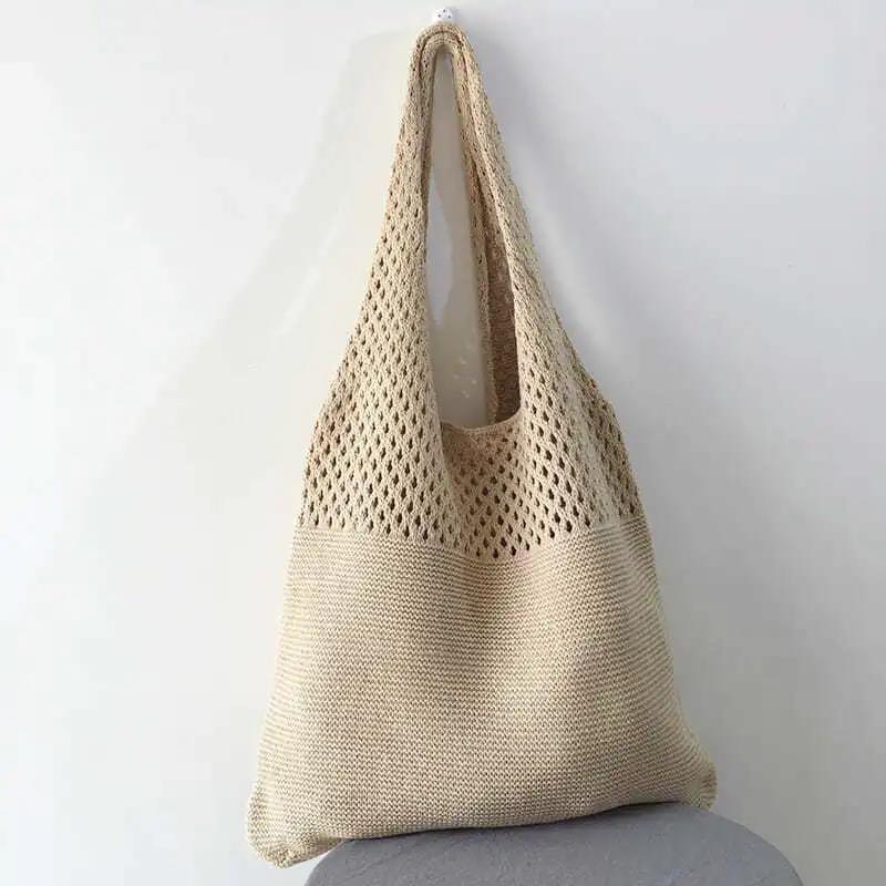 Women Casual Hollow Woven Shoulder Bag Knitted Handbags Large Capacity Vintage Tote Bags