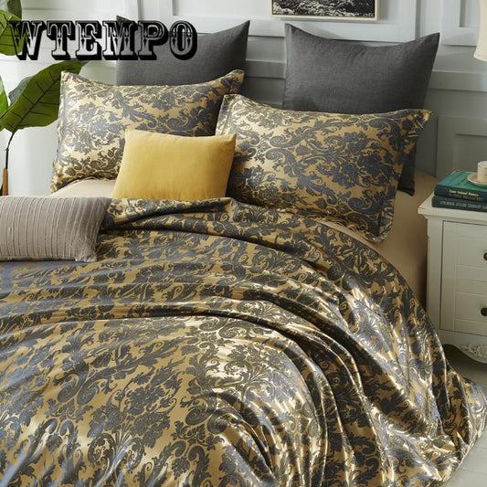 4pcs Luxury Jacquard Bedding Set Queen Size 4pcs Bed Linen Cotton Duvet Cover Lace Satin Bed Sheet
