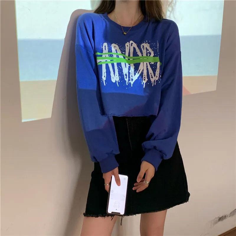 Women's Long-sleeved Sweater Student Spring and Autumn Short Shirt Korean Version Loose Thin Printed Top Girls Personality Hip-hop Short Top