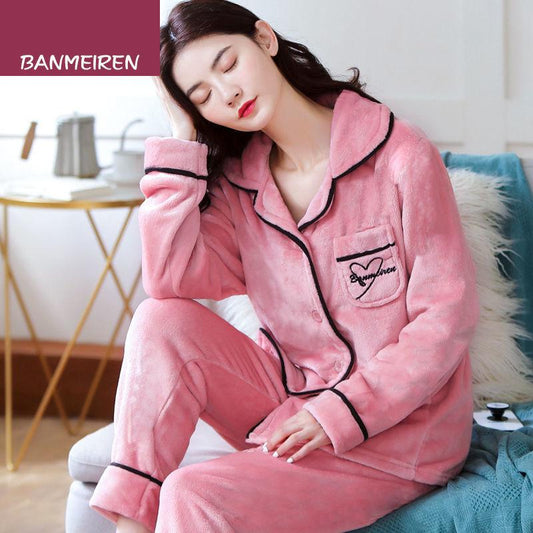 Pajamas Autumn Women's Flannel Thickening Suit Spring Autumn Winter Cardigan Coral Fleece Cute Home Clothes Simple and Generous