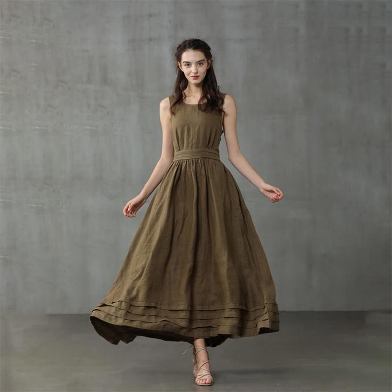 Cross Back Linen Dress, Drawstring Waist Slim Temperament Large Swing Skirt,maxi Dress, Sleeveless Dress, Layered Linen Dress, Apron Dress