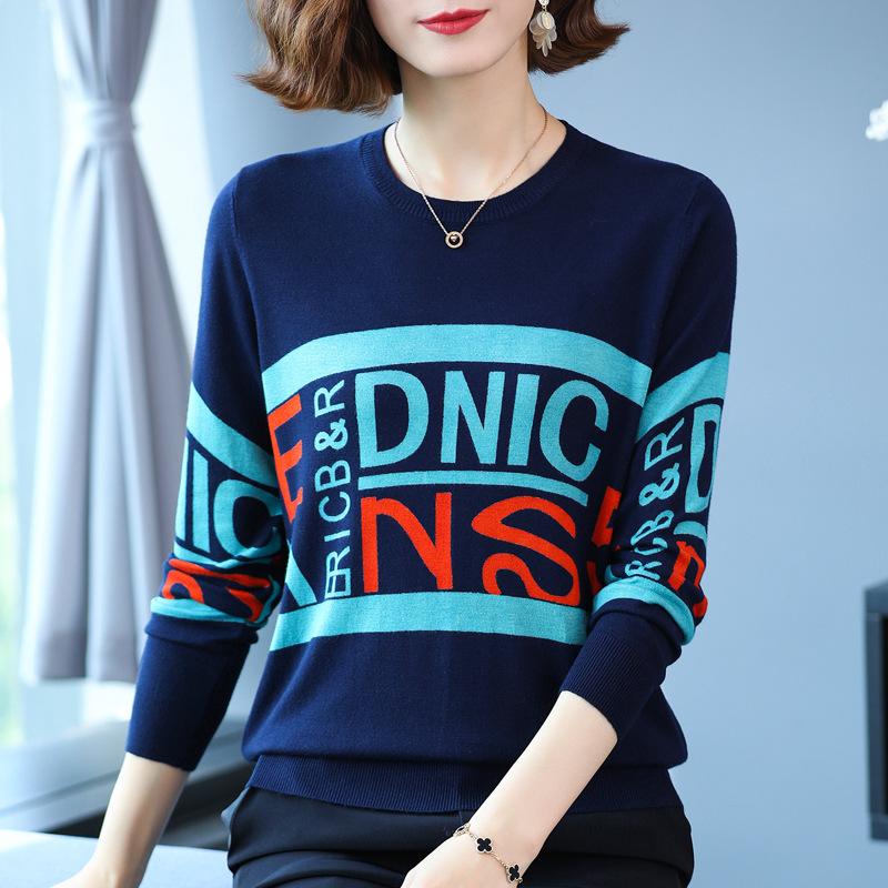 Autumn Winter Women's Printed Sweater Loose Large Size Jumper Long Sleeve Casual Round Neck Sweater Knitwear