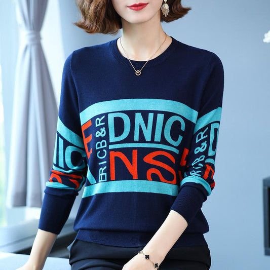 Autumn Winter Women's Printed Sweater Loose Large Size Jumper Long Sleeve Casual Round Neck Sweater Knitwear