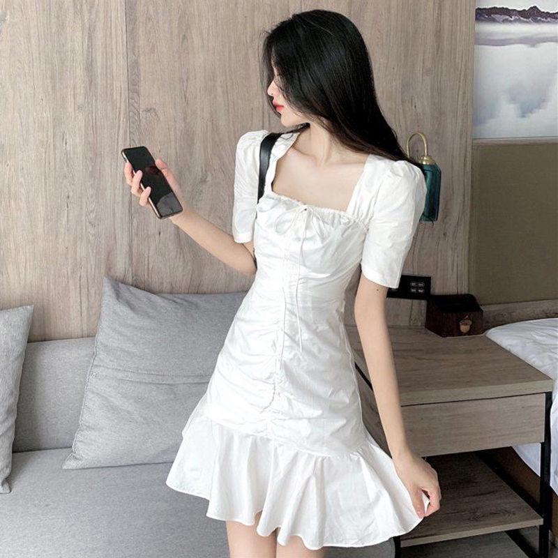 Female Elegant Super Fairy Pleated Square Neckline Waist Slim Vintage Ruffle Graceful Party Dress