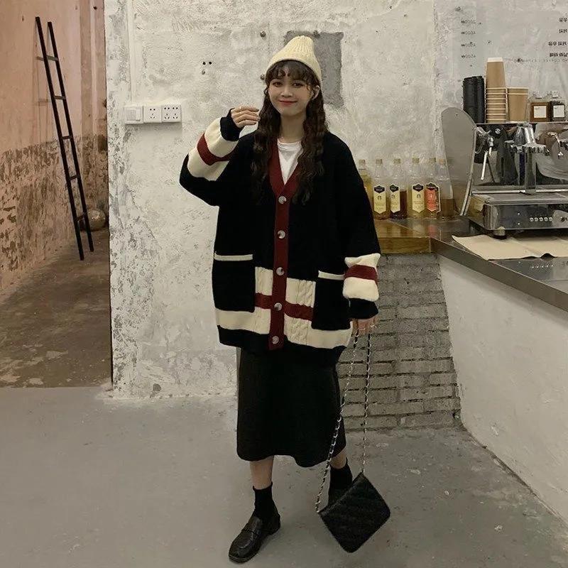 Spring  Autumn Students Loose Casual Fashion Sweater Women's Jacket Knitted Cardigan V-neck Long Sleeves