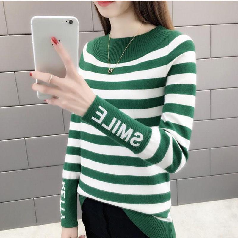 Striped Pattern Sweater Knit Slim Pullover Top for Autumn and Winter Women's Bottoming Shirt