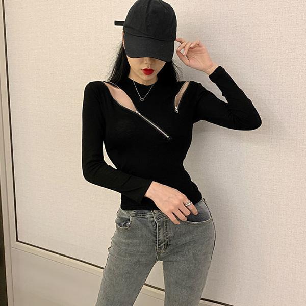 Scheming Zipper Stretch Fashion Top All-match Slim Solid Color Jacket Long-sleeved Knitted Sweater Design