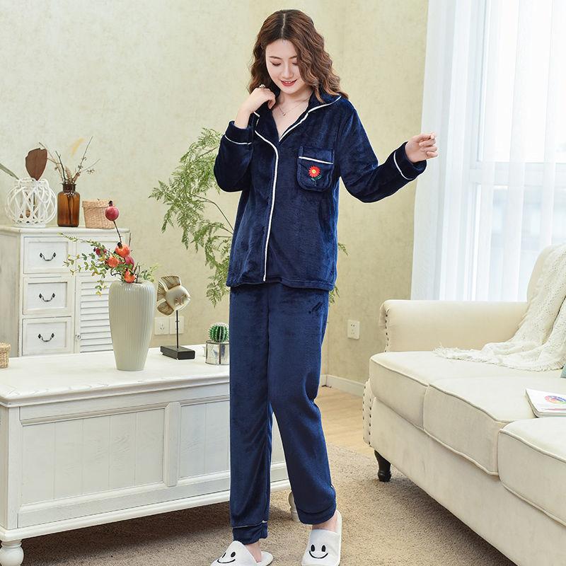 Genuine Flannel Autumn and Winter Women's Pajamas Plus Velvet Thick Coral Fleece Suit Large Size Warm Home Service