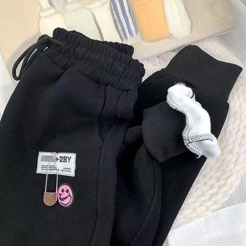 High Waist Slimming All-match Plus Velvet Smiley Sports Harem Pants Women's Autumn and Winter Loose Wide-legs and Feet Casual Long Pants