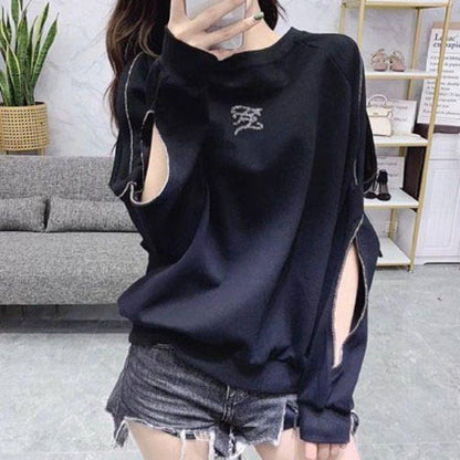 Women's Loose Fashion Sweater Spring and Autumn Hollow Beaded Jacket Off-shoulder Thin Top