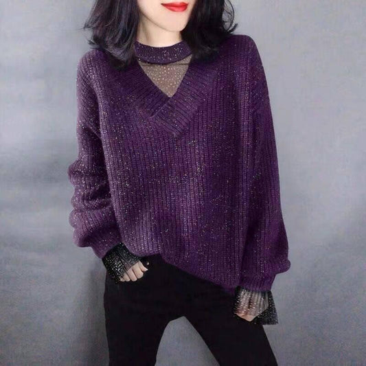 Black Lace Women Stitching Pullover Top Chiffon Autumn Casual Solid Loose Long Sleeve Crew Neck