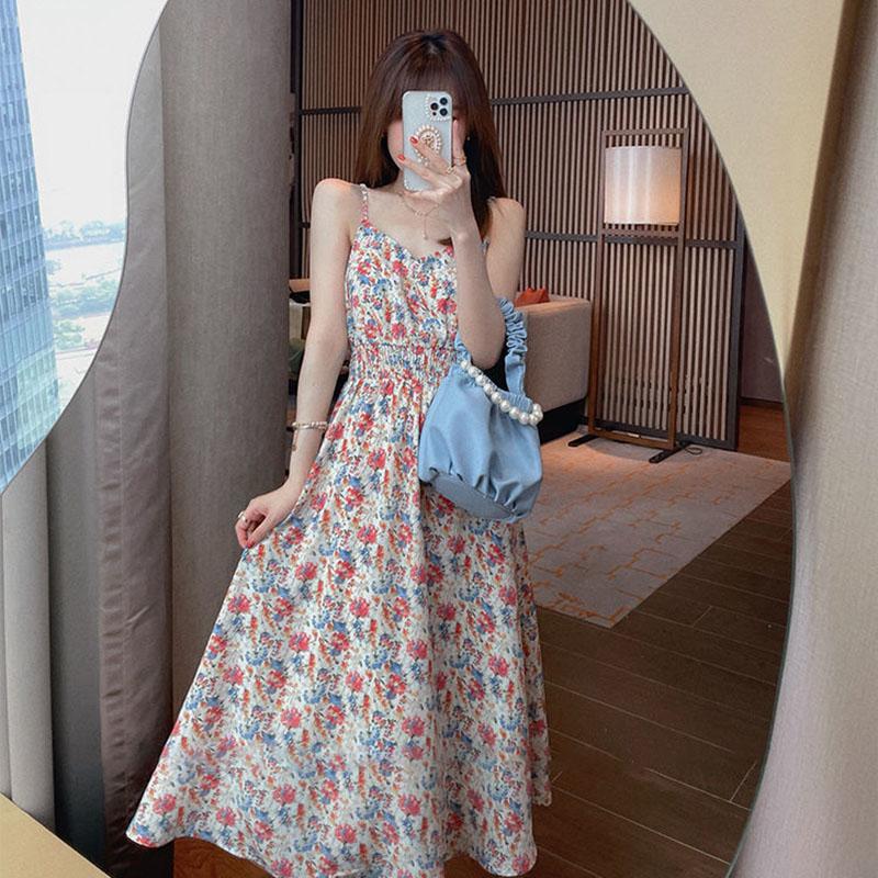 Sweet Tea Girl Chiffon Floral Sling Dress Summer Vacation Style Long Gentle Style Dress