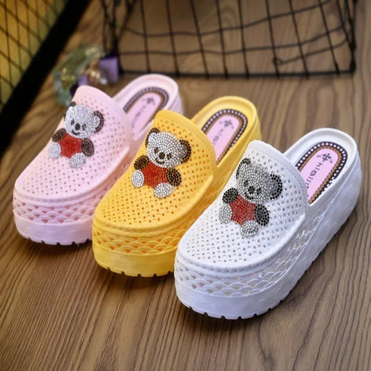 Hollow Slippers Female Summer Wear Hollow Sponge Cake Thick Bottom Net Red No Heel Casual Lazy Half Slippers Light and Comfortable