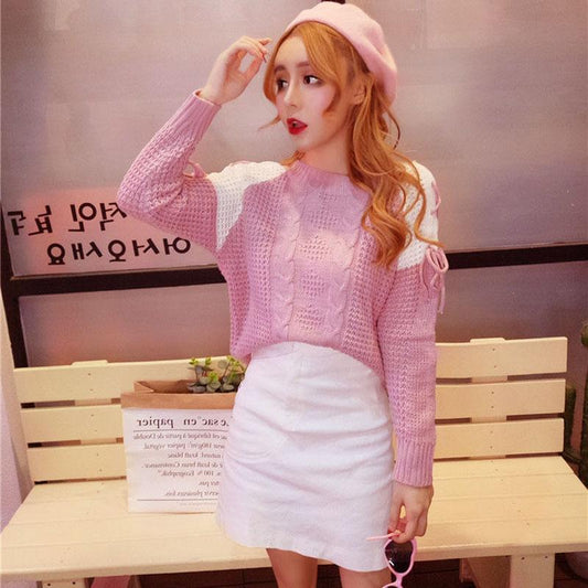 College Style Color Matching All-match Sweater Casual Cute Bottoming Shirt Knitted Loose Blouse