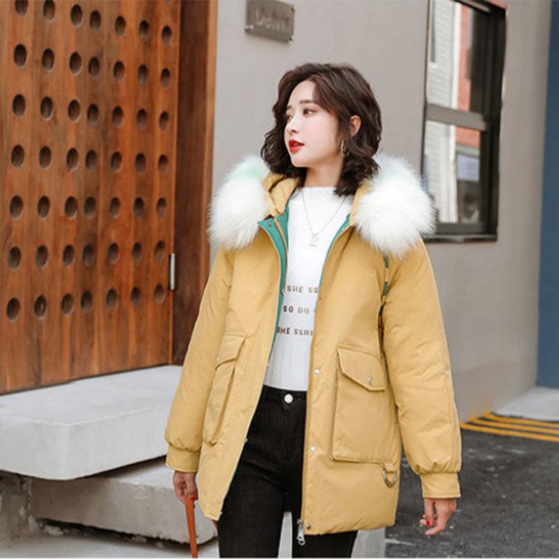 Women's Solid Color Embroidered Down Jacket Mid-length Korean Style Loose Thick Coat Warm Cotton Coat Large Fur Collar Winter Quilted Jacket