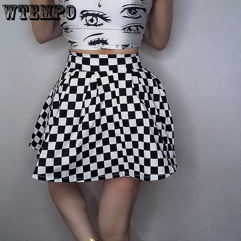 Womens Black and White Glazed Chain Checkerboard High Waist Skirt Streetwear Cotton Plaid Skirts Dancing Short Mini Skirts