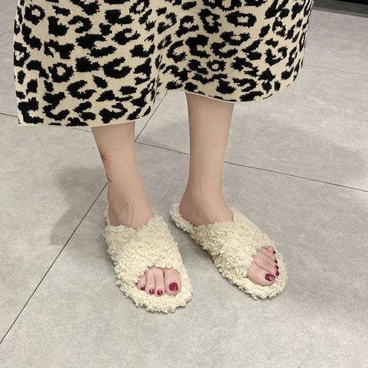 Autumn and Winter Plush Slippers Ladies Fashion All-match Flat Shoes Trend Casual