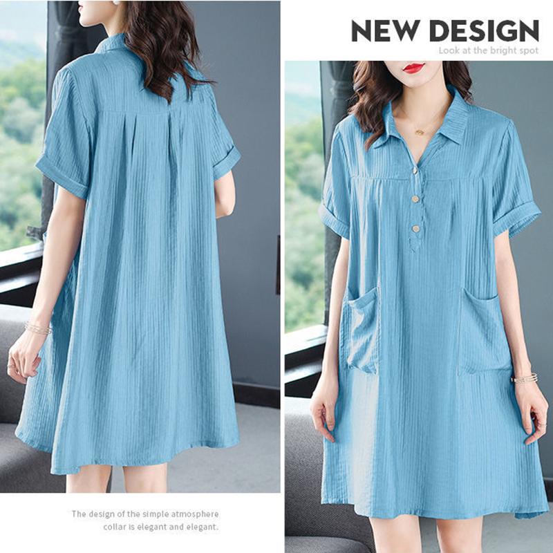 Women T-shirt Dress Loose Turn-down collar Casual Loose Big Pocket Short Sleeve Buttons Dress