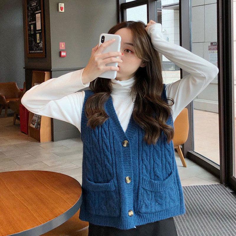 Spring and Autumn Cardigan Knitted Vest Simple Solid Color Sleeveless Top Casual Outer Women's Sweater