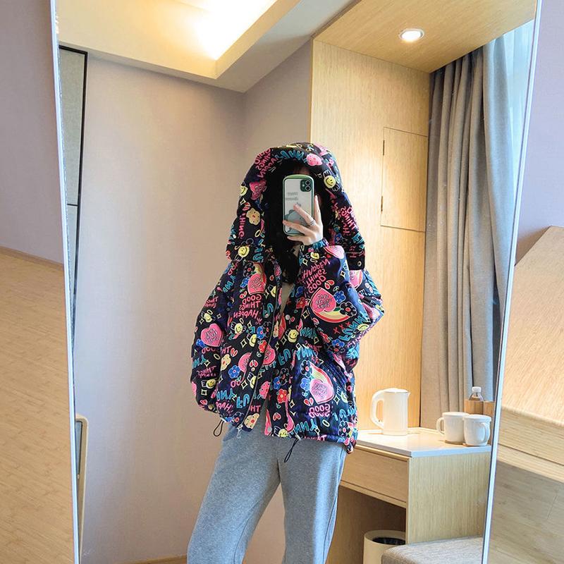 Women's Printed Short Down Jacket Winter Korean Style Loose Quilted Jacket Casual Stand-up Collar Hooded Padded Jacket Quilted Jacket