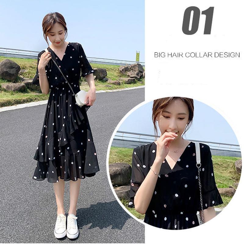 Ruffle Polka Dot Chiffon Dress Women's Short Trumpet Sleeve V-Neck Knee-length Daily Dating Party Office Wear