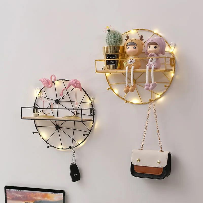 Nordic Style Metal Decorative Shelf Living Room Art Storage Shelf Wall Display Platform with Light Strip