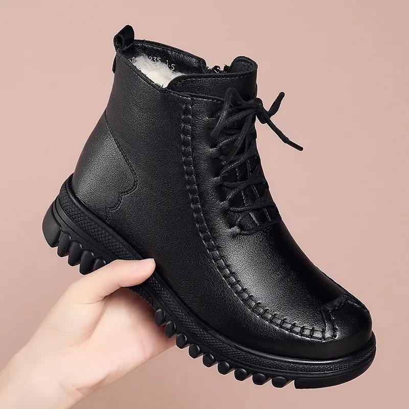 Short Boots Plus Velvet Winter Flat Non-slip Soft Leather Cotton Shoes Martin Boots Warm Sports Shoes Leather Shoes Waterproof