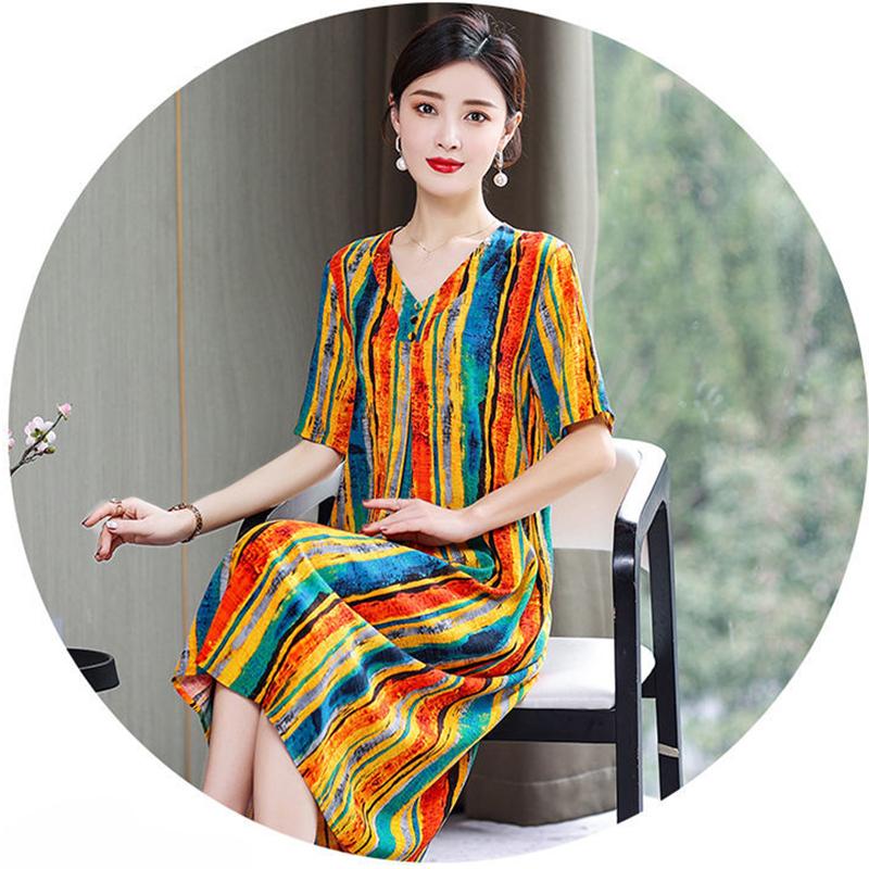 Loose Plus Size XL-XXXXXL Cotton Short-sleeved A-line V-neck Ruffle Dress Summer Printing Calf-length Skirt